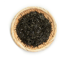 flat lay dry crispy slice seaweed nori kelp alga isolated on white background. pile of crispy dry slice seaweed nori kelp alga isolated. heap of crispy dry slice seaweed nori kelp alga in wood plate