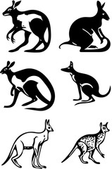 Kangaroo silhouettes vector illustrations set, black and white drawing, animal logo