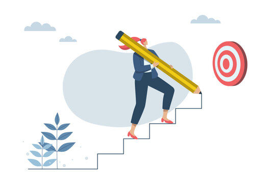 Road to success, business goals or future success, efforts to develop a business concept, Businesswoman uses a pencil draw a ladder and walk up to the goal. Vector design illustration.