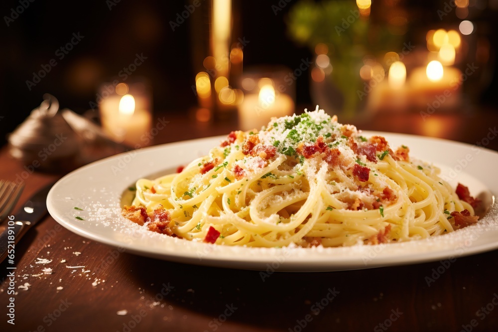 Wall mural linguini carbonara with parmesan, candles in the background, romantic mood