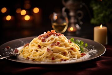 linguini carbonara with parmesan, candles in the background, romantic mood