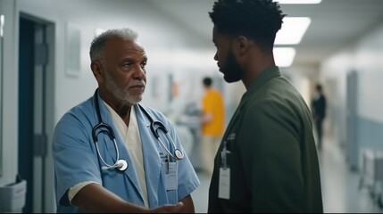African American doctor discusses medical tests results with old man in middle of hospital hallway.