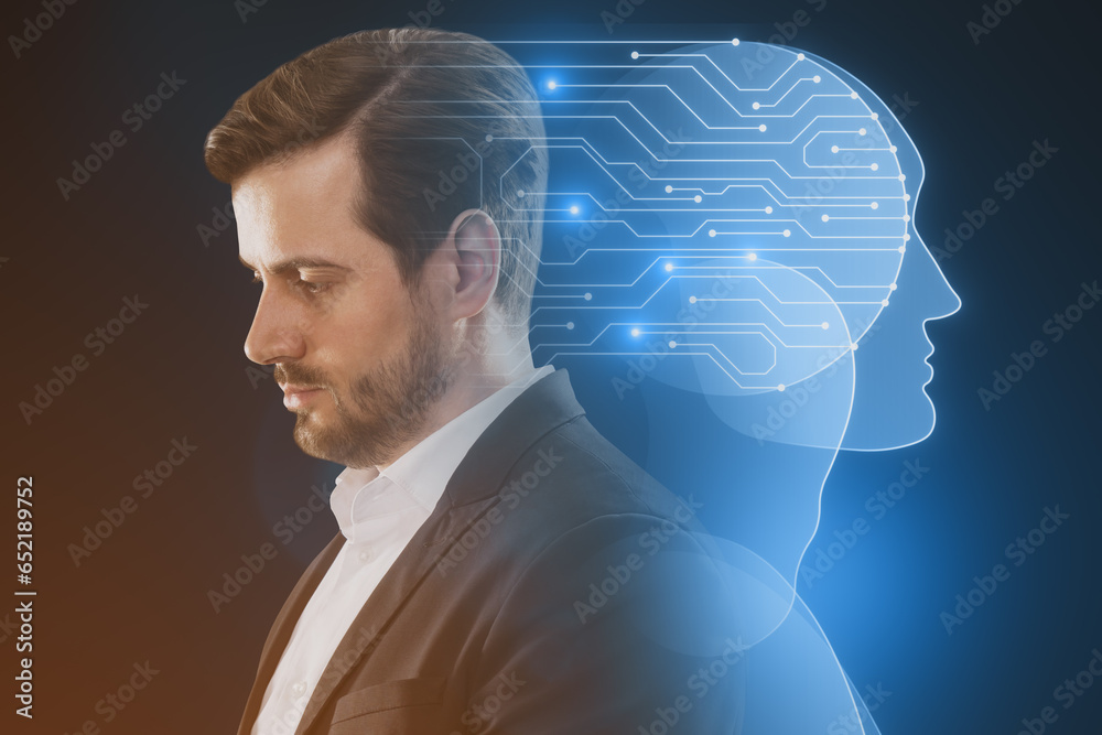 Poster side portrait of attractive young european man with circuit head on blurry blue background. artifici