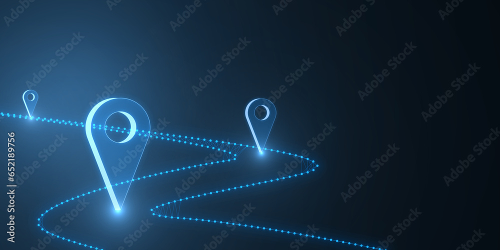 Sticker creative glowing blue digital geolocation background. 3d rendering.