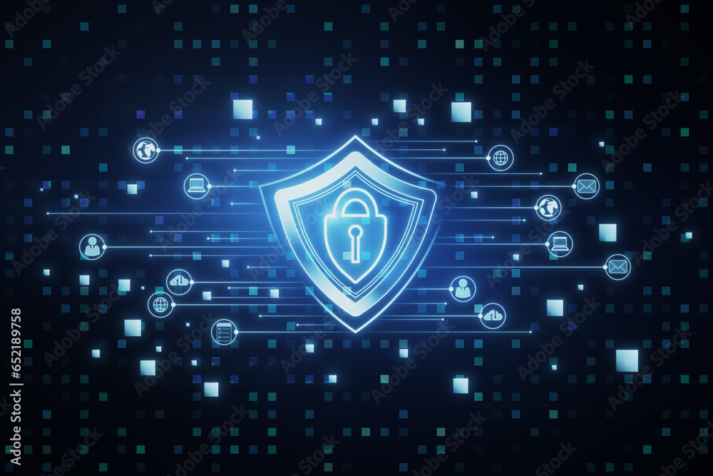 Aufkleber creative glowing padlock hologram on blurry background with various icons. safety and security conce