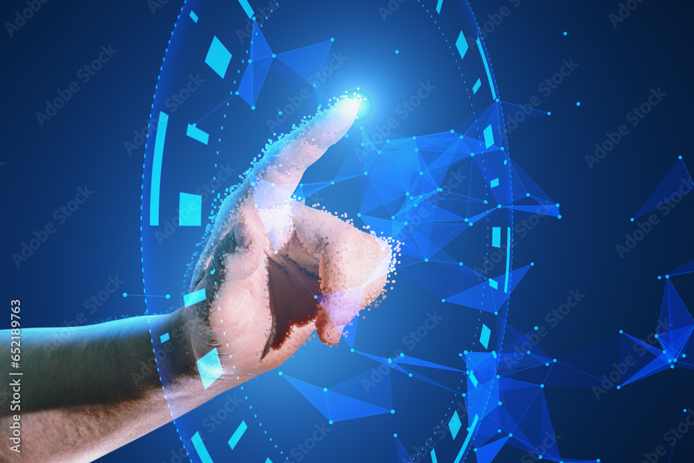 Poster close up of businessman hand pointing at polygonal dial. digital time management concept.