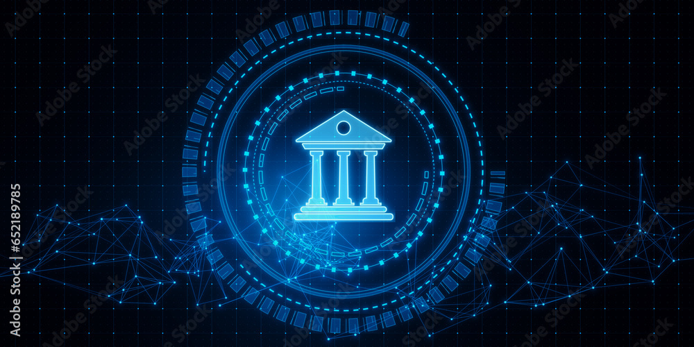 Poster creative polygonal round banking hologram on blurry background. digital transformation and finance c