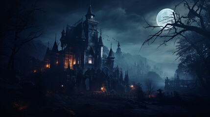 Spooky old gothic castle foggy night haunted mansion - obrazy, fototapety, plakaty
