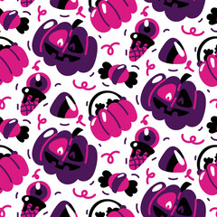 Seamless pattern of purple, pink and black colors for Halloween. Crazy pumpkin, pumpkin basket with candies, lollipops and confetti on a white background vector illustration in cartoon style packaging