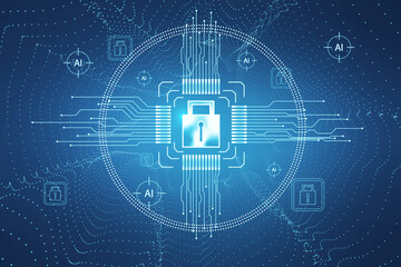 Naklejka premium Creative glowing padlock hologram on blurry backdrop with various icons and circuit. Safety, chip and security concept. 3D Rendering.