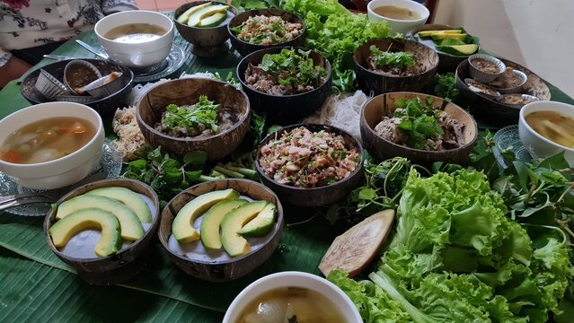 Traditional Lao Food, Laos PDR, Lao Food after baci ceremony