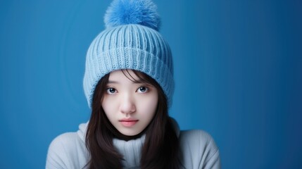 Close-up of a Asian girl wearing a beanie hat and sweater on blue background.