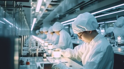 Skilled workers in pharmaceutical manufacturing prepare and produce medical substances in a sterile laboratory environment at industrial pharmaceutical factory.