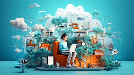 4k illustration of science and technology in modern life. Global village of science and technology. Digital Lifestyle, Digital Health, Digital Living. widescreen wallpaper. 16:9 aspect ratio. - obrazy, fototapety, plakaty