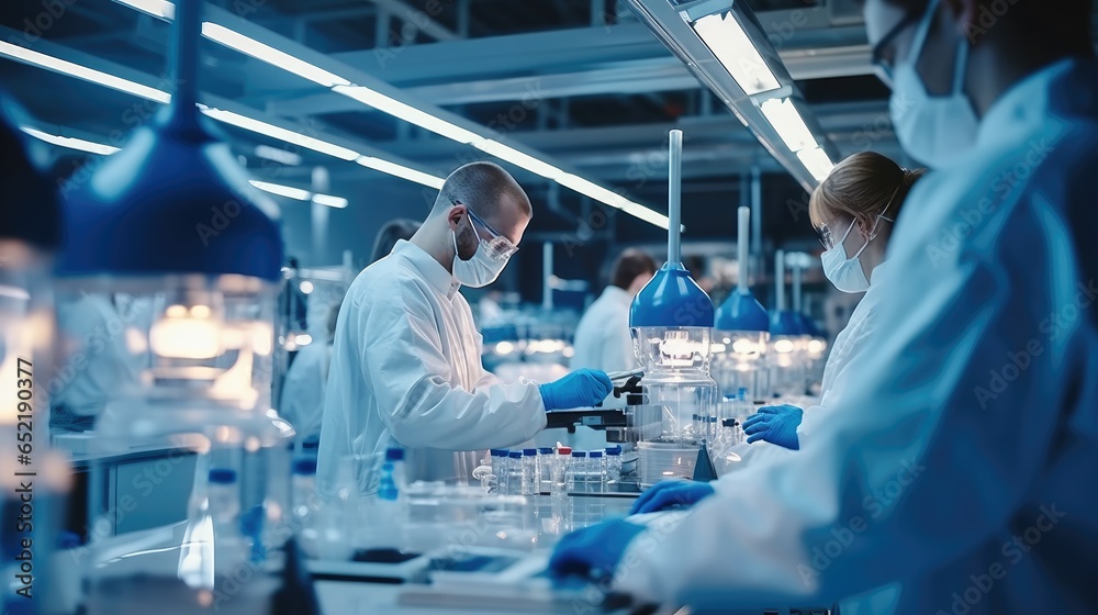 Poster scientists using advanced technology and machinery working sterile production of medical drugs and e