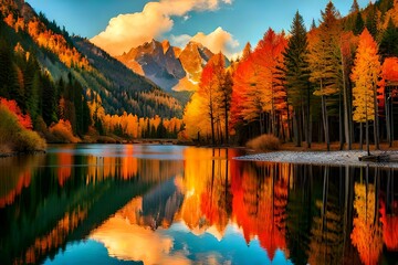 Obraz premium A breathtaking lake surrounded by trees with the tranquil waters reflecting the beauty of the setting sun.