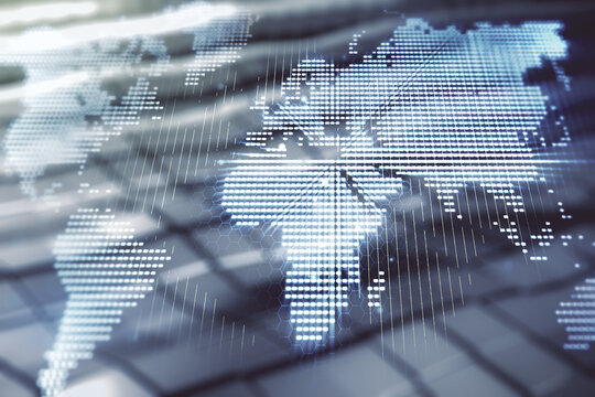 Double exposure of abstract digital world map on blurry metal background, research and strategy concept