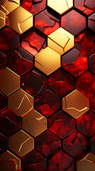 4k abstract 3d background, maroon and gold hexagons, wide screen verticle wallpaper. 9:16 aspect ratio. honeycomb pattern.