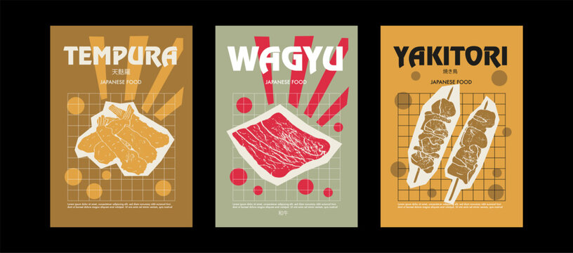 Japanese tempura, wagyu, yakitori. Price tag or poster design. Set of vector illustrations. Typography. Engraving style. Labels, cover, t-shirt print, painting.