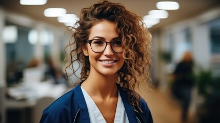 Woman doctor wearing glasses smiling in clinic office for consultation support and services with management and insurance for patient.