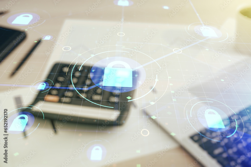 Poster virtual creative lock sketch with chip hologram on calculator and pc background, protection of perso
