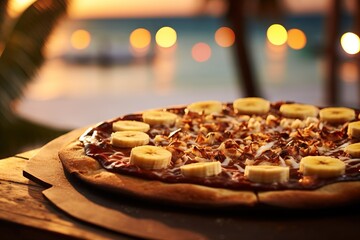 sweet pizza with chocolate and bananas with a background on the sea
