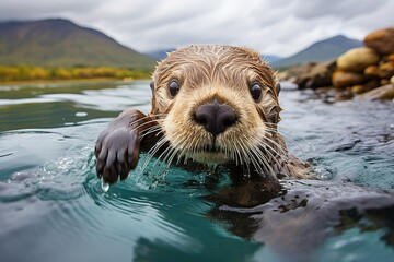 close-up of a river otter in the water - obrazy, fototapety, plakaty