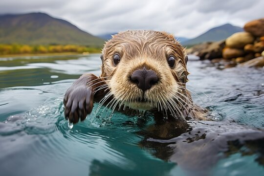close-up of a river otter in the water