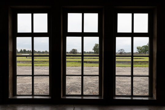 Auschwitz, Poland, September 18, 2021: View of the Auschwitz Birkenau concentration camp from the camp bathhouse.