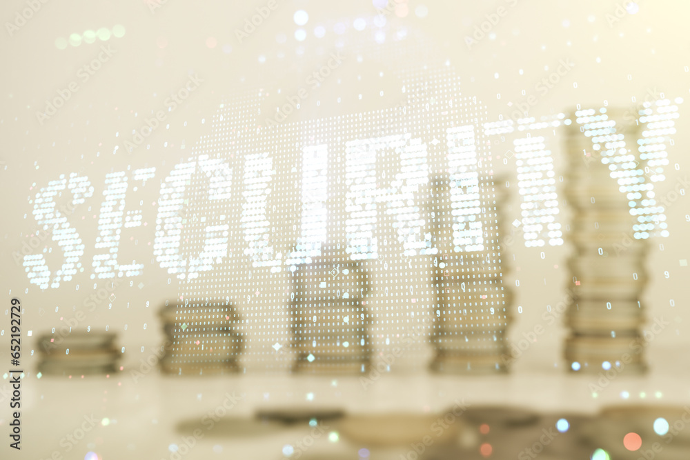 Poster virtual cyber security creative concept on stacks of coins background. double exposure