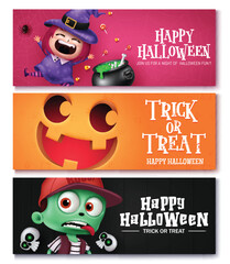 Happy halloween text vector set banner design. Halloween invitation card with cute witch, pumpkin, zombie characters for party event banner collection. Vector illustration greeting card design.
