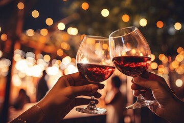 Date. Hands with wineglasses, on the party. Male and female hands with wineglasses. Blurred party lights on background. Rose wine.