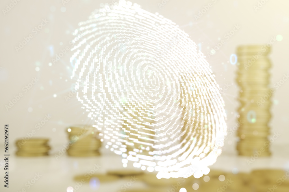 Aufkleber Multi exposure of virtual graphic fingerprint sketch on coins background, fingerprint scan data concept