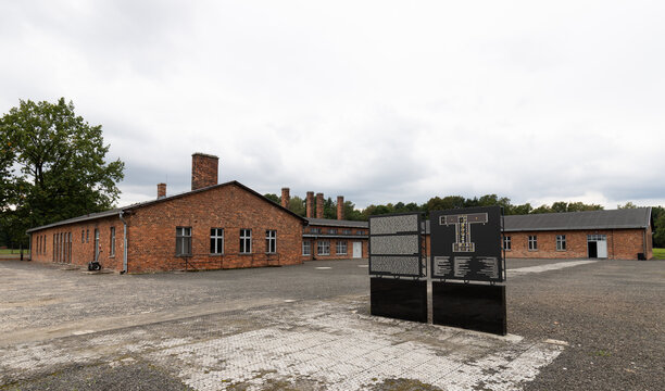 Auschwitz, Poland, September 18, 2021: The building of the Auschwitz-Birkenau camp bathhouse. The place of the first selection of people.
