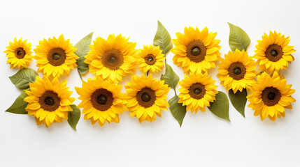 Sunflowers on white background Flat lay top view