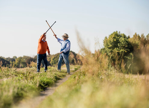 Two old friends fencing in the fields with their walking sticks