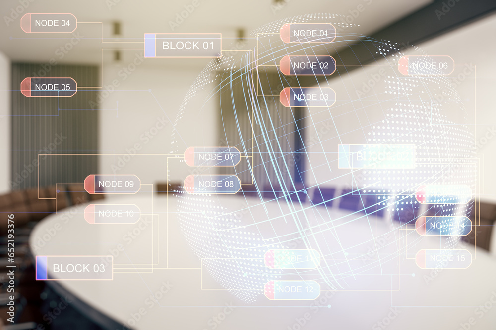 Aufkleber double exposure of abstract programming language hologram and world map on a modern meeting room bac