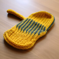  A knitted oven mitt with a loop or a hook.
