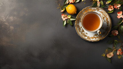 Tea cup composition on gray background Flat lay