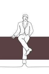 man in a business suit sat down on the table with his legs crossed, his hand resting on the tabletop - one line art vector. concept confident handsome businessman vertical illustration