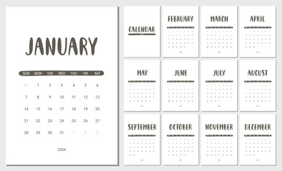 Vector Calendar Planner for 2024 Year. Set of 12 Months. Week Starts Sunday. Stationery Design for Printable. Objects Isolated on White Background. - obrazy, fototapety, plakaty
