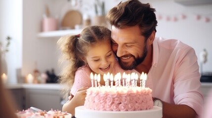 Happy dad and daughter celebrating birthday at home, looking at cake with lit candles, making wish while sitting at table in kitchen with smiling. - obrazy, fototapety, plakaty
