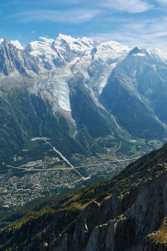 Mont Blanc and Chamonix village at the foot of it. Rhone Alps, France