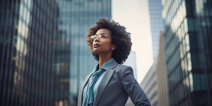 Close-up portrait of a middle aged African American businesswoman in eyeglasses in a formal suit against the backdrop of skyscrapers in the business district of the city. Success and prosperity. - Powered by Adobe