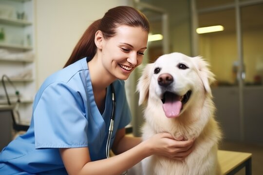 Love for pets and concern for their health. Kind smiley veterinarian with a dog in the clinic. Female Caucasian veterinary doctor checks the health of a Labrador Retriever dog. Close-up photo.