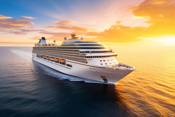 Luxury cruise ship in the ocean sea at sunset. Cruise vacation getaway. Aerial view of cruise ship....