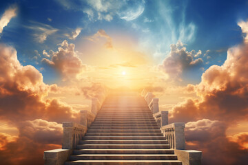 Stairway to heaven in heavenly concept. Religion background. Stairway to paradise in a spiritual concept. Stairway to light in spiritual fantasy. Path to the sky and clouds. God light.