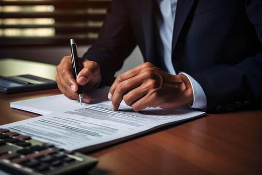 Tax season concept. Businesman hand filling US business income tax return form for tax payment. Money and financial. Paperwork for paying taxes. Tax planning and consulting service.