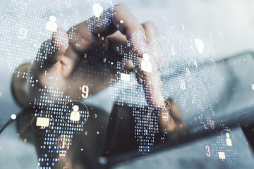 Double exposure of social network icons concept with world map and finger clicks on a digital...