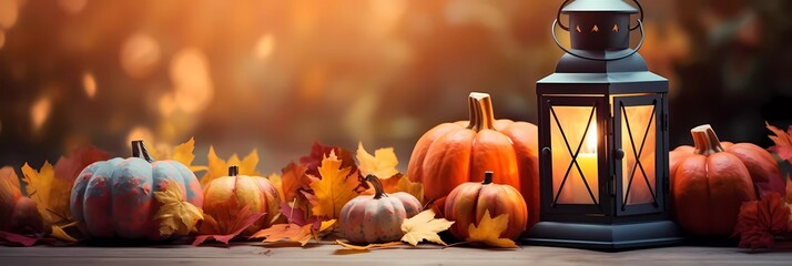 Autumnal decorations with latern. Yellow and red leafs and pumpkin with blurred background and space for text. Generative Ai